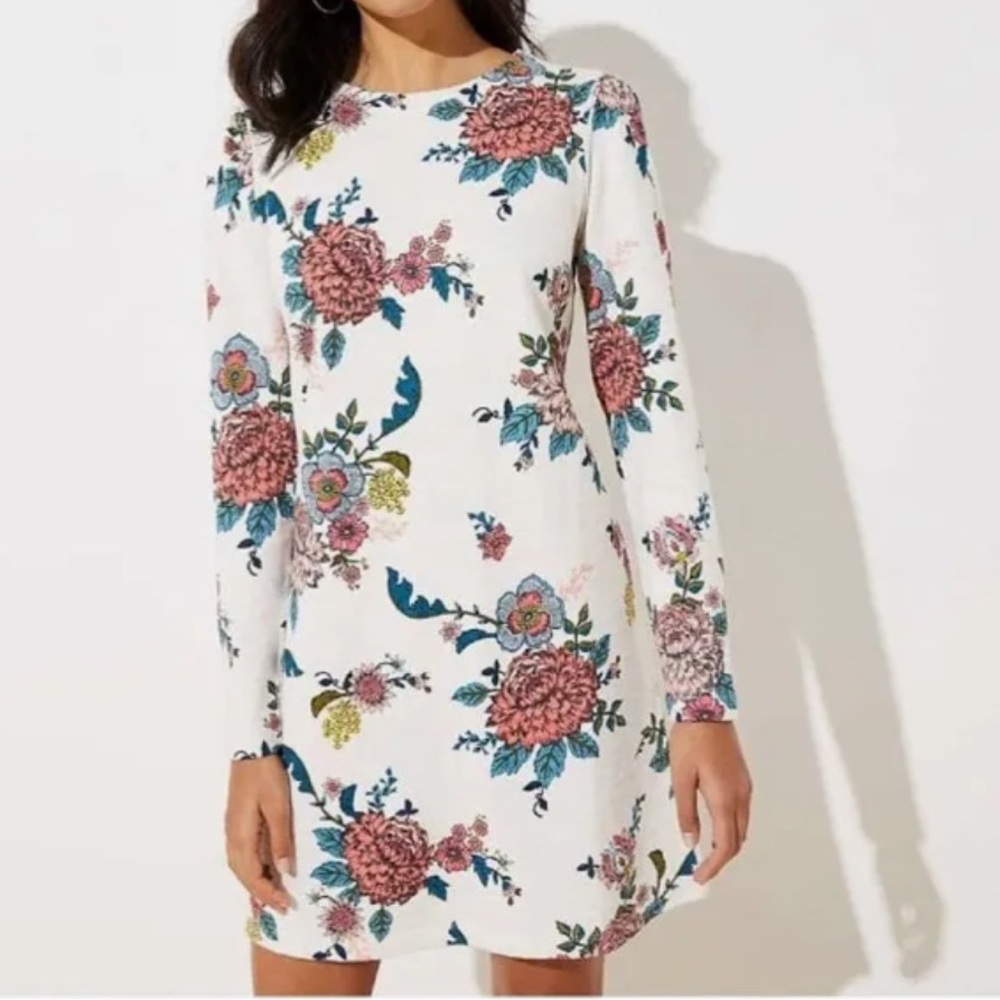 LOFT Pink and White Sheath Dress Long Sleeve Crew Neck Wedding Guest